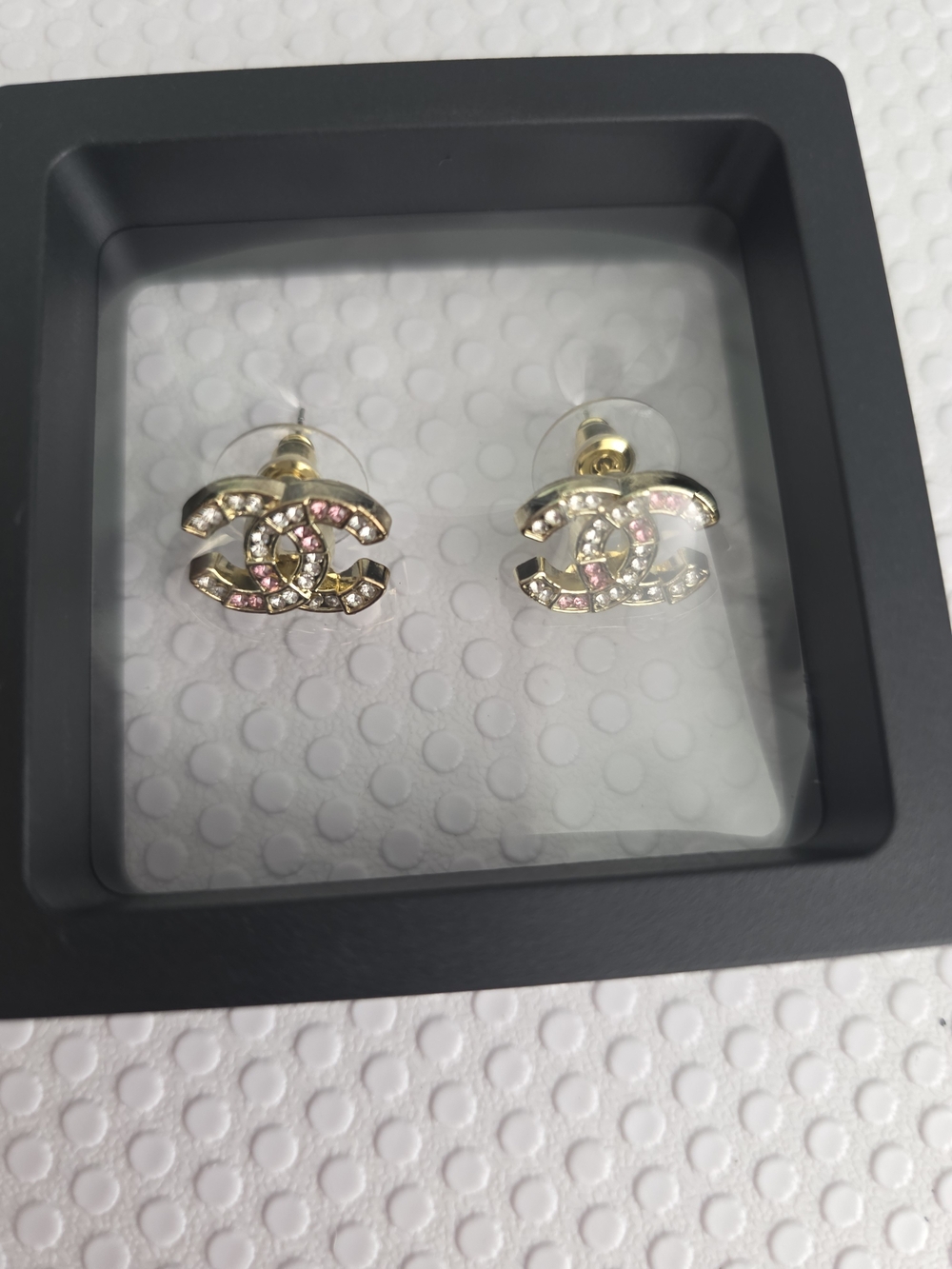 CHANEL Gold-Tone CC Stud Earrings with Pink Crystals